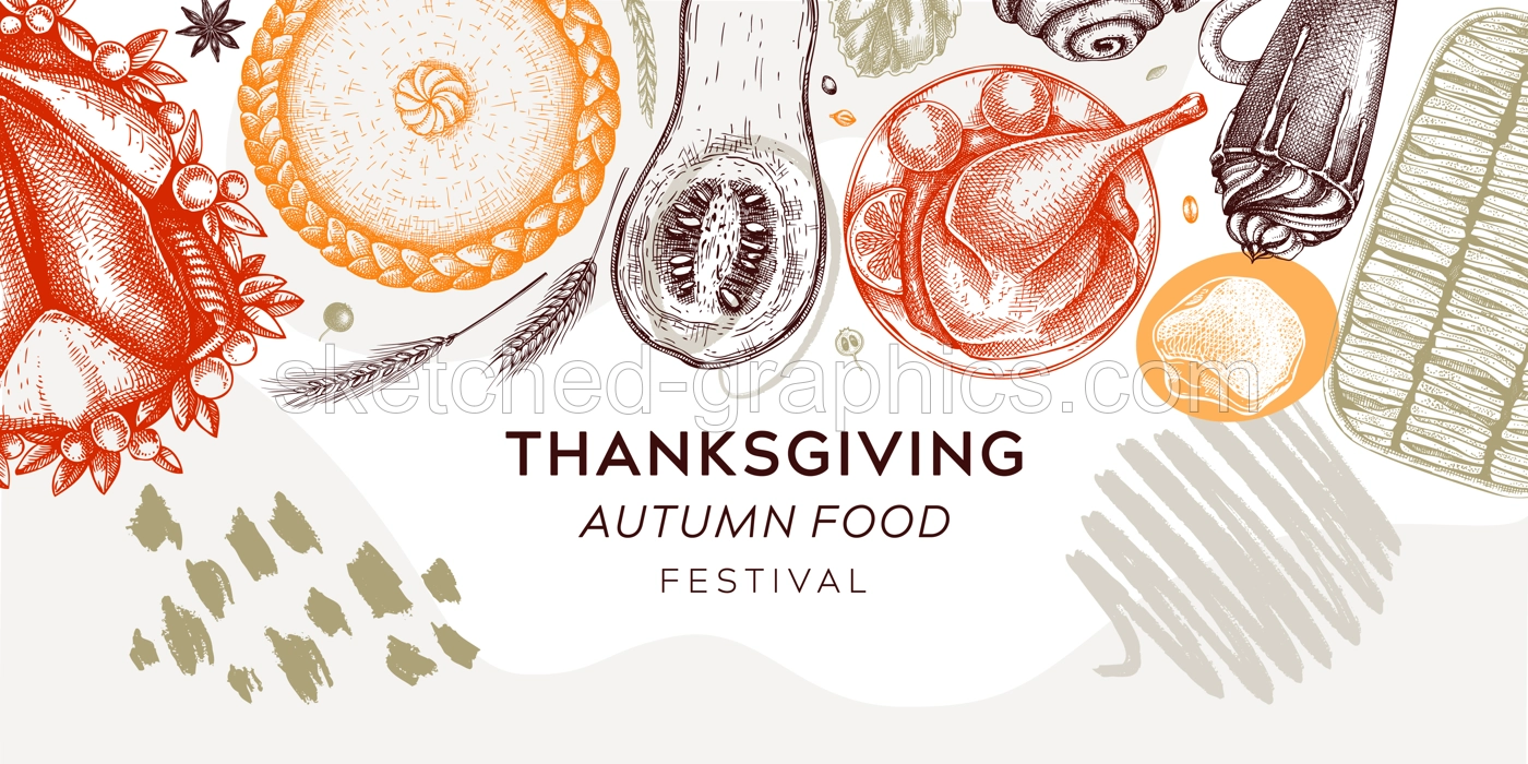 Thanksgiving dinner collage. Fall food and drinks trendy frame design. Sketched roasted turkey, cooked vegetables, baked goods, desserts sketches. Vintage autumn food template. Thanksgiving background Illustration